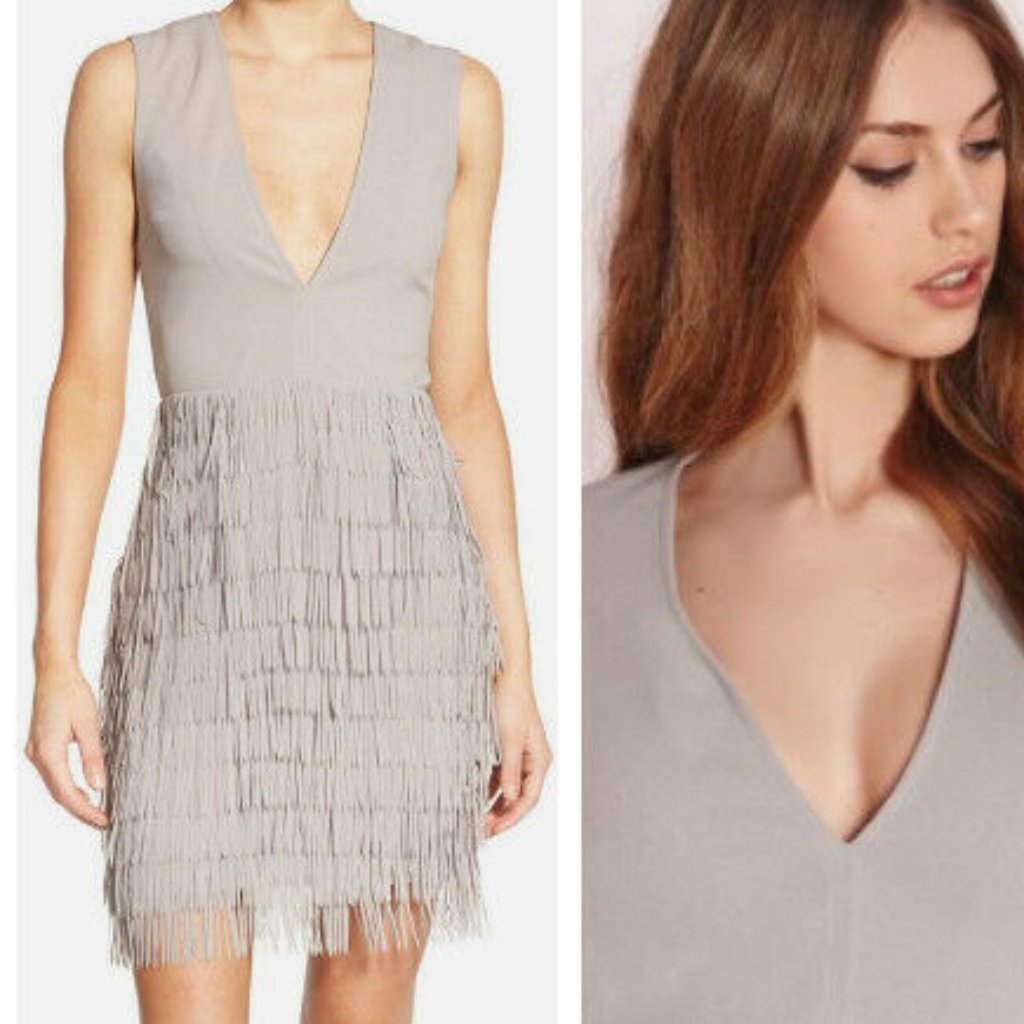 Missguided Fringed Skirt Bodycon Sheath Plunging Dress Gray Us 2 Nwot